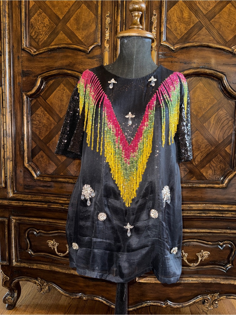 Prabal Gurung NY Black Top, Sequin, Crystal Pink, Yellow & Green Beaded Fringe